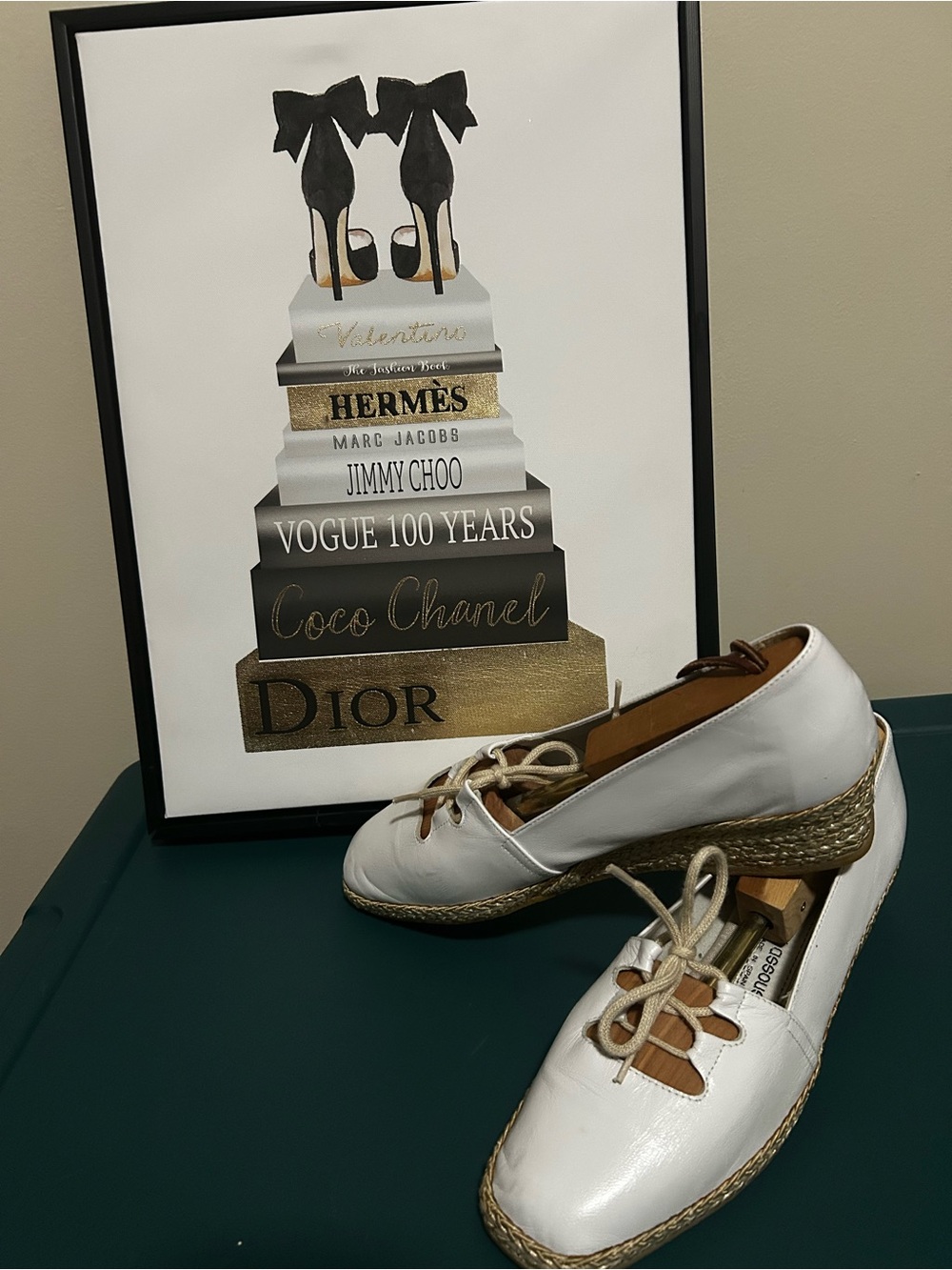 André Assous white leather square toe  wedge espadrilles w/ open lacing, 1970s